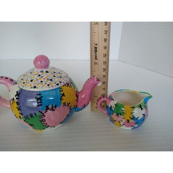 Vintage 2005 Hand Painted Signed Tea Set Pot Sugar Bowl Creamer patchwork - Picture 5 of 16